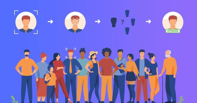 Illustration of facial recognition approximate steps among a group of people.