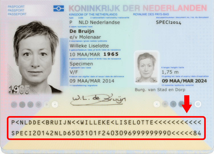 Example of a passport with the machine-readable zone highlighted.