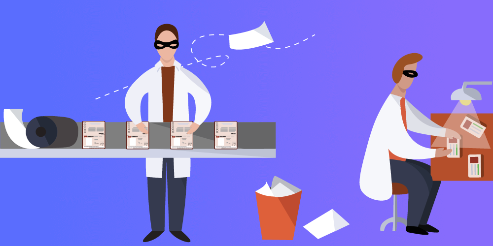 Two criminals forging identity documents.