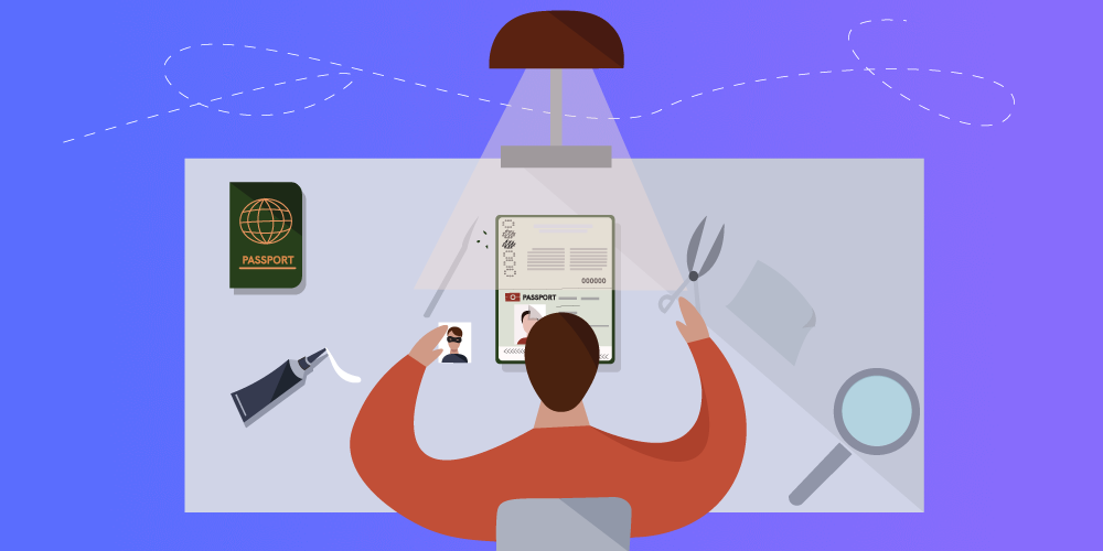 A criminal is sitting at a table tampering with a passport with various tools.