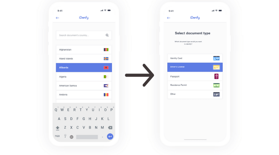 Screenshot of the iDenfy mobile application where it asks to pick a country and document type