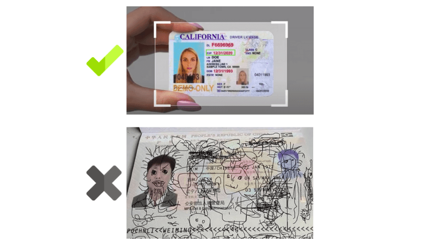 Example showing the correctly looking ID and a passport that's been drawn onto