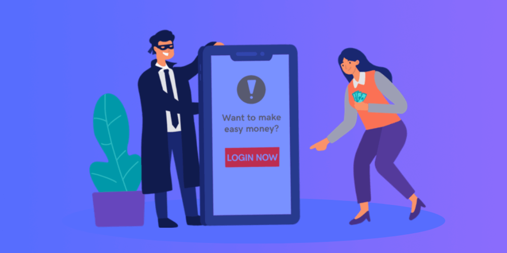 Illustration of a fraudster baiting victims with a "Want easy money? Log in" scam.
