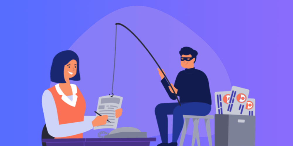 Illustration of a criminal collecting personal information to use in further scams.