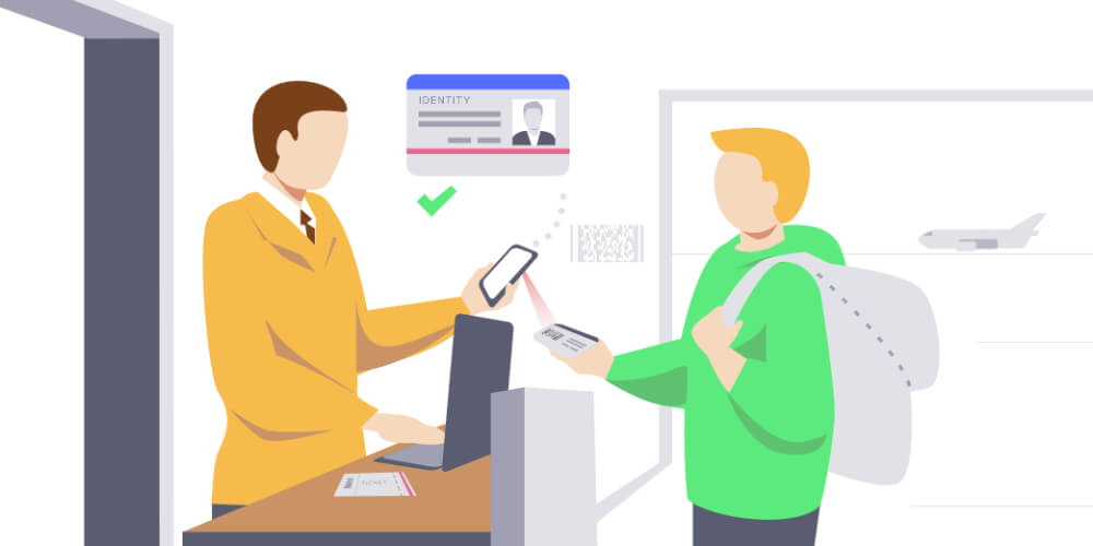 Illustration of a PDF417 being scanned at the boarding gate.