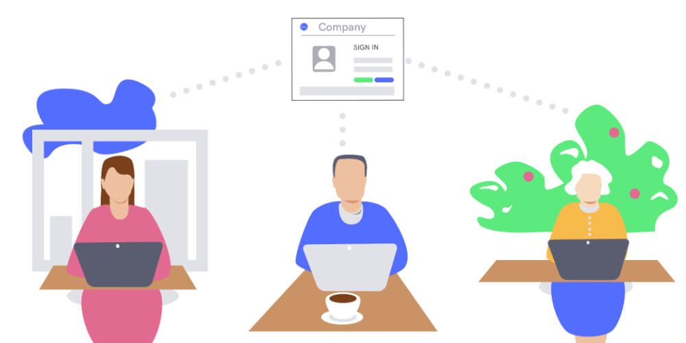 Illustration of three different people signing into a website.