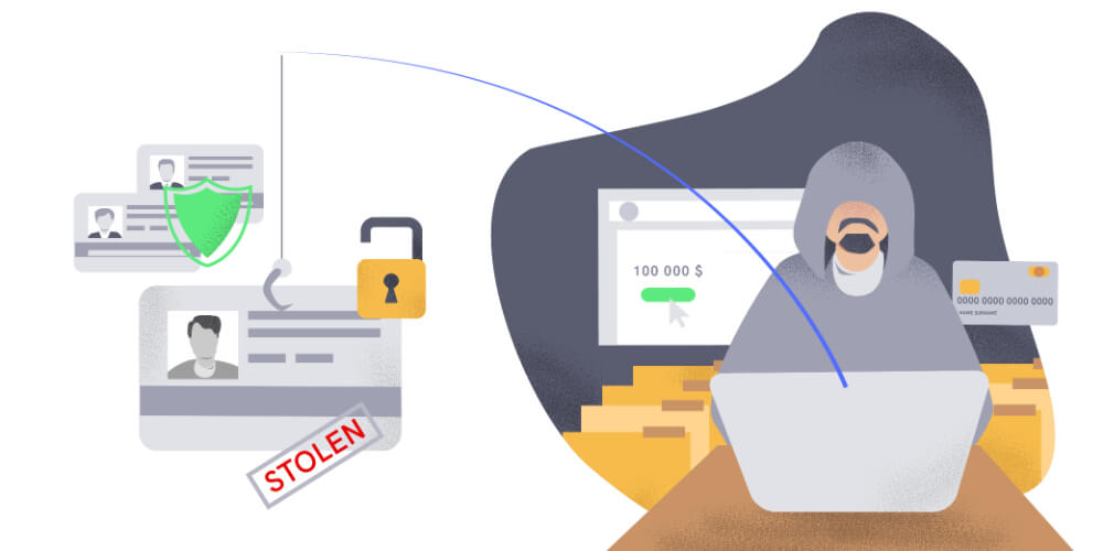 Illustration of a criminal committing identity fraud.