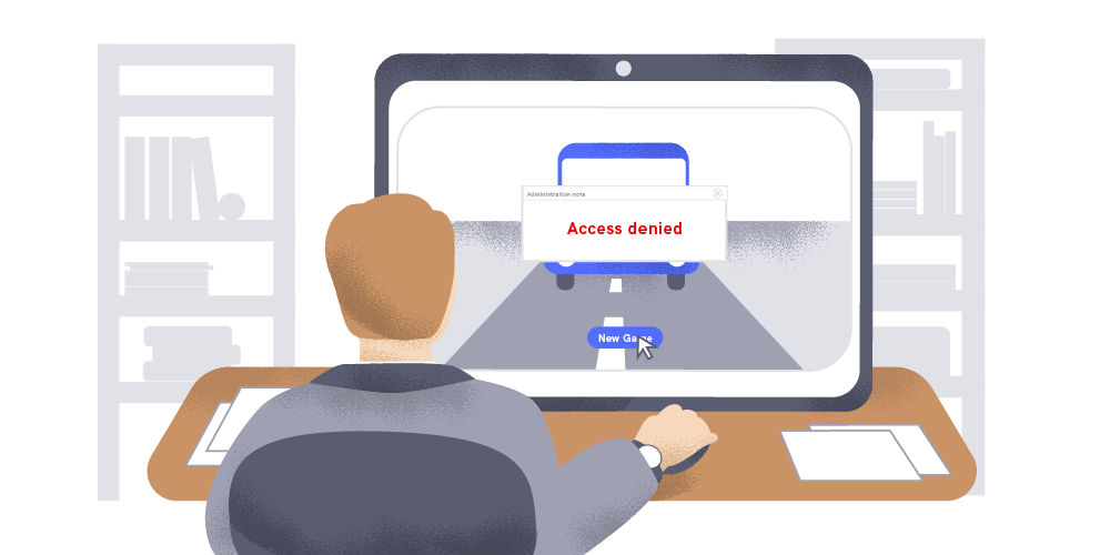 Illustration of a person trying to play a game and getting "access denied" message. 