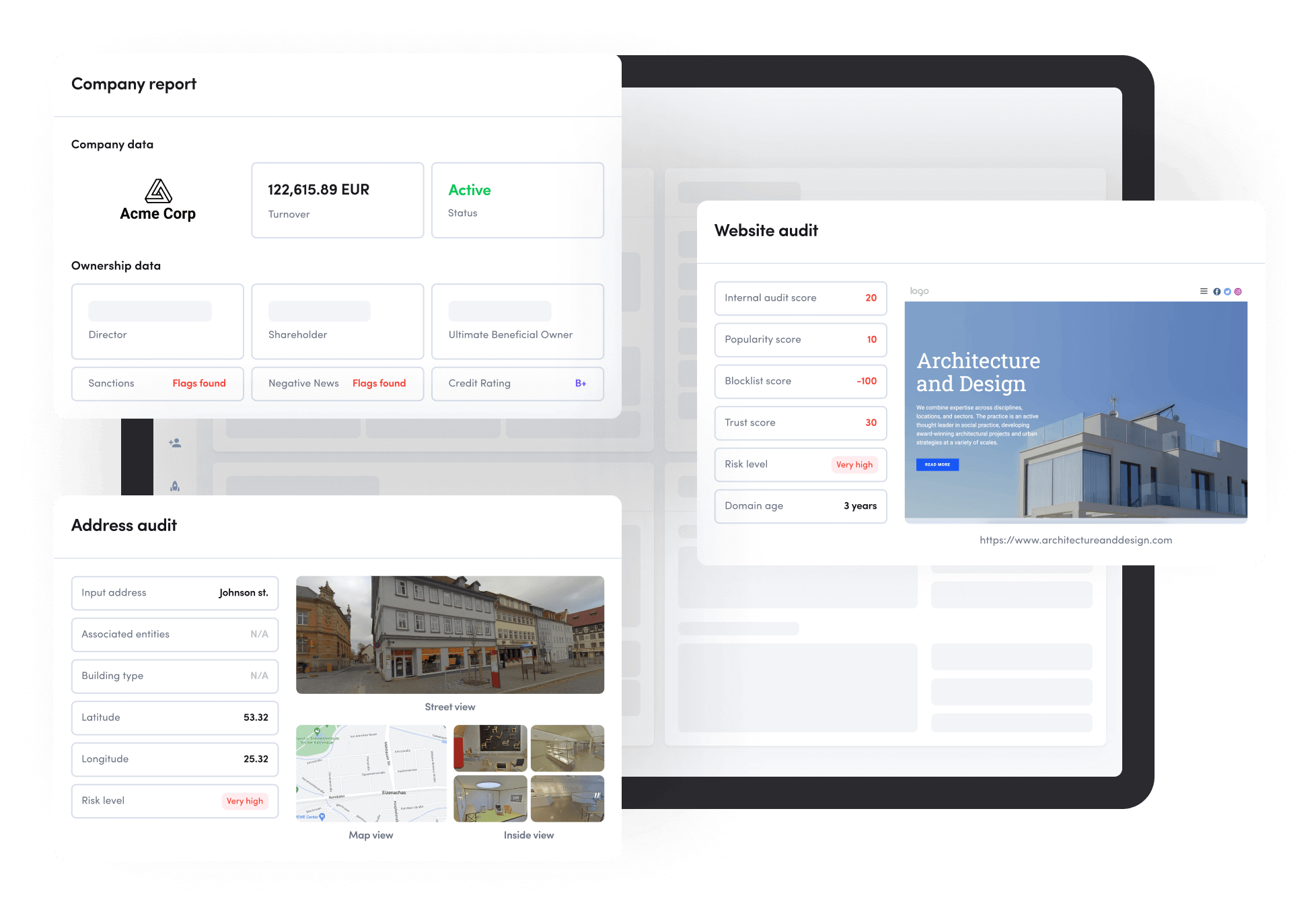 Business verification dashboard example showing company report data, website and address audit.