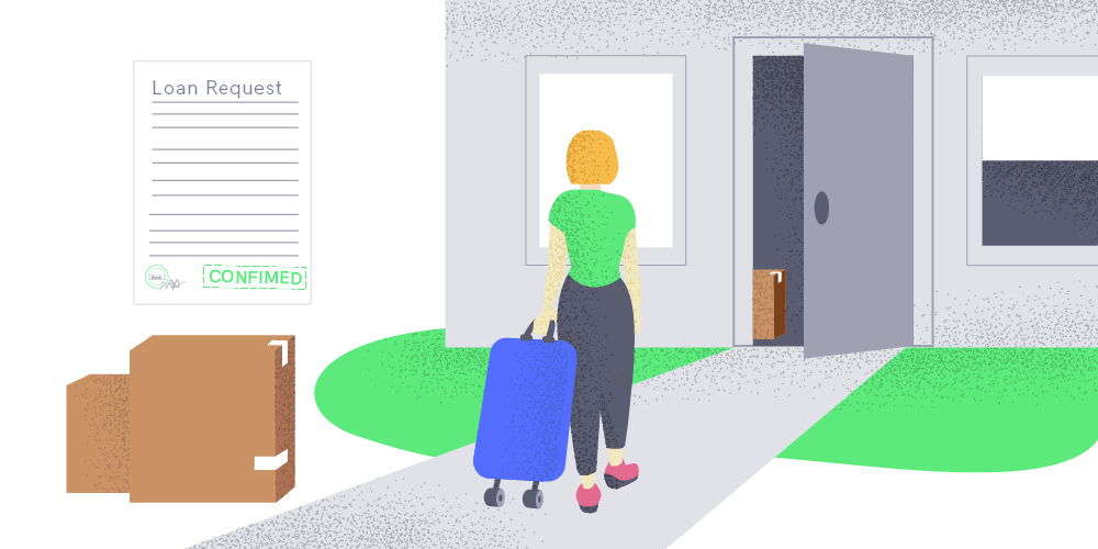 Illustration of a woman moving into a new house because her loan request was confirmed