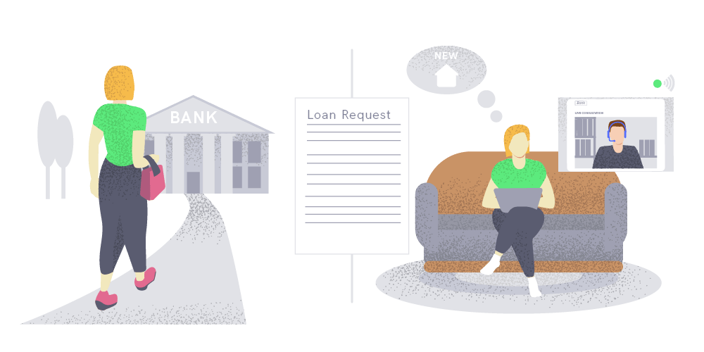 Two different women doing ID verification for a loan request. One is going to the bank, one is doing it digitally at home. 