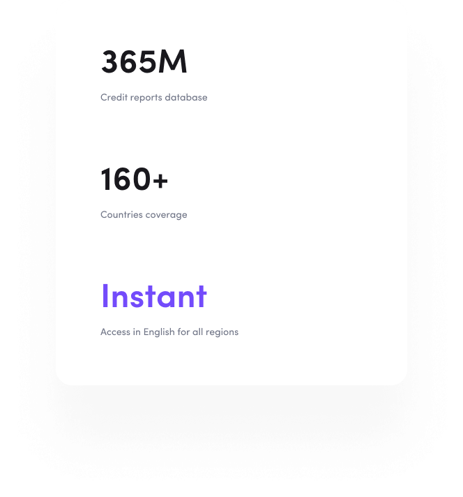 365 million credit reports database, more than 160 countries covered, instant access in English for all regions
