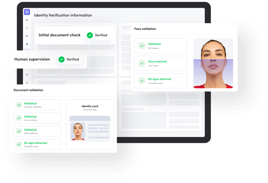 An example of identity verification check showing initial document check, human supervision check and 3D liveness check.