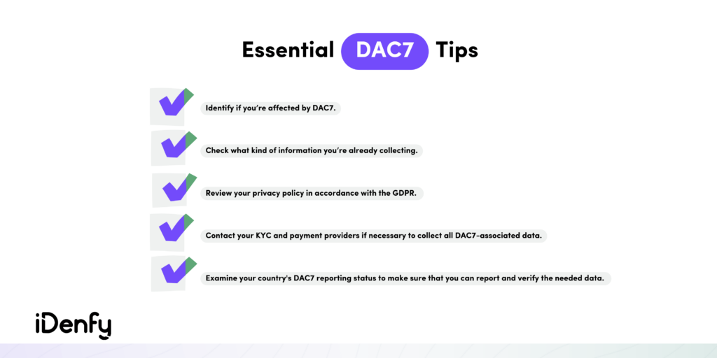 Infographic on DAC7 directive reporting obligation essential tips.