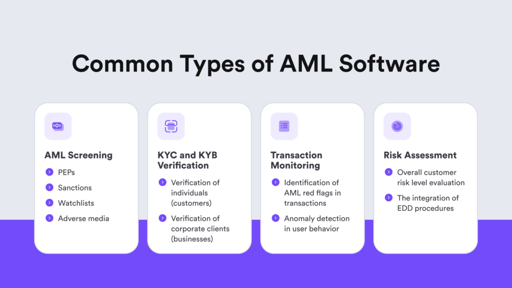 Infographic mentioning the most common AML software types and their functionalities.