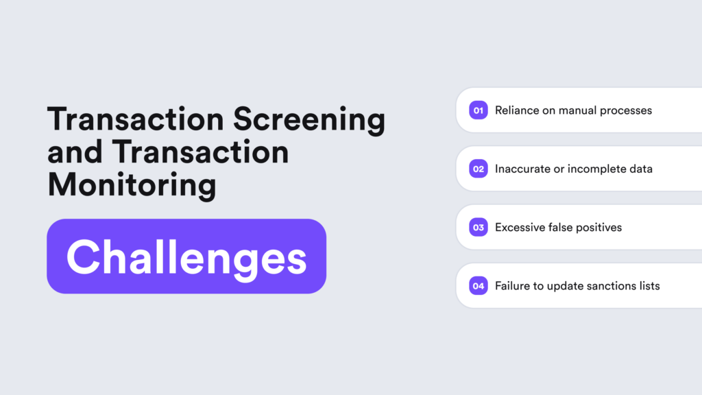 Reliance on manual processes, inaccurate data, false positives pose challenges for transaction screening and monitoring.