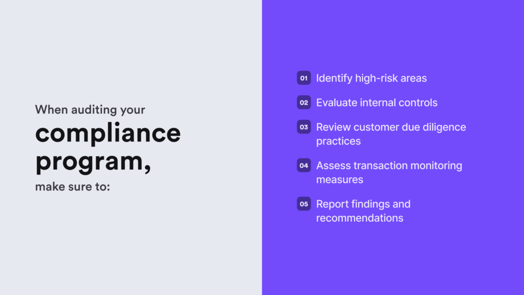 A picture demonstrating a few key AML compliance tips for companies looking to test and improve their AML audits.