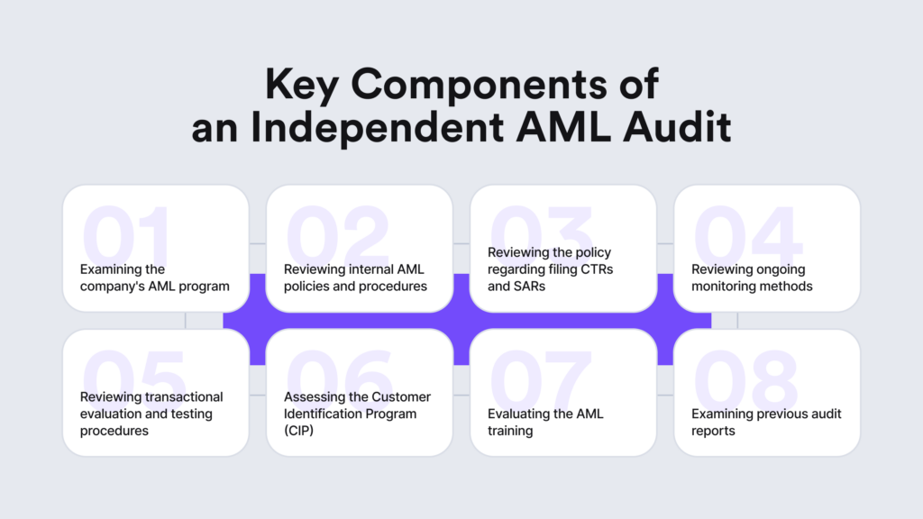 Infographic listing a typical independent AML audit flow designed for obliged entities and their AML programs.