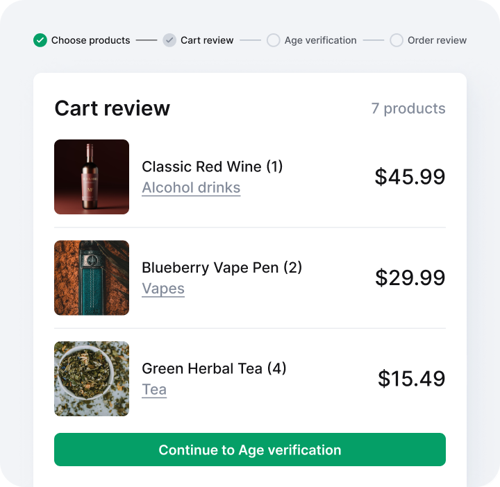 Shopping cart with a button "Continue to age verification"