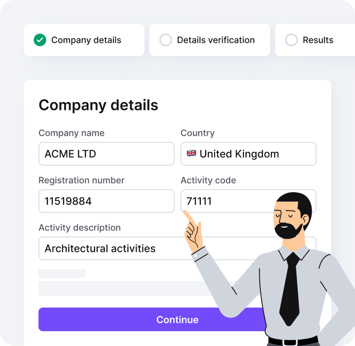 Example of filled-out company details like company name, country, registration number, and activity code.