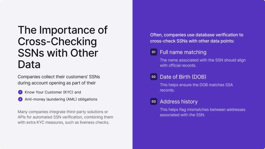 Infographic summarising the importance of cross-checking SSNs with other data.
