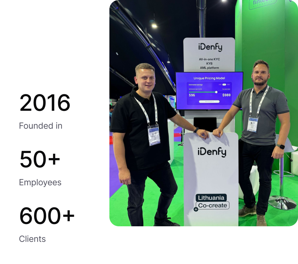 A photo of the members of the iDenfy team on the right, with statistics about the company on the left side.