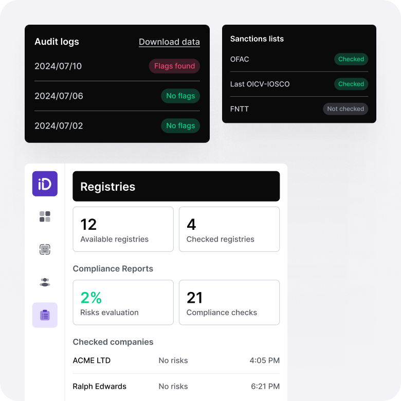 Example of iDenfy's dashboard with registries, audit logs and sanctions lists.