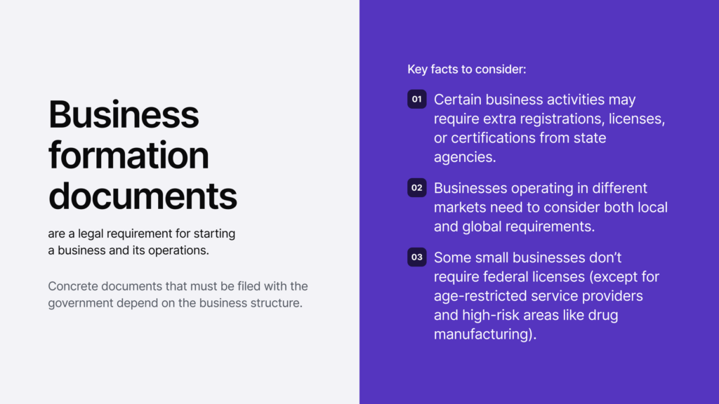 Infographic highlighting key facts to consider about business formation documents.