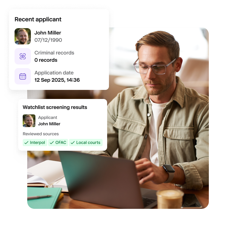 A collage of criminal background check and screening features.