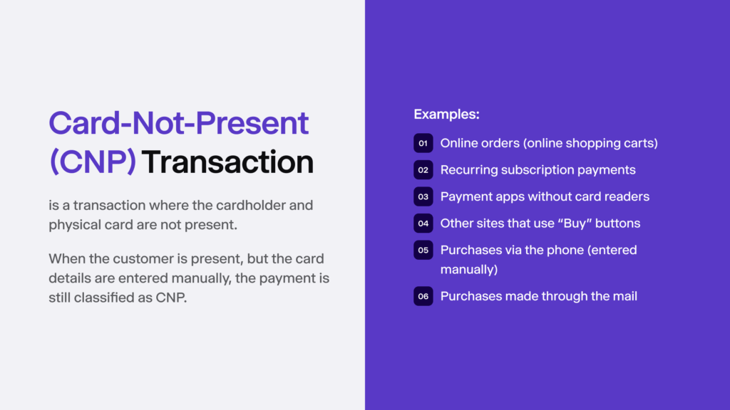 An infographic summarizing what a CNP transaction is and listing six examples of it. 