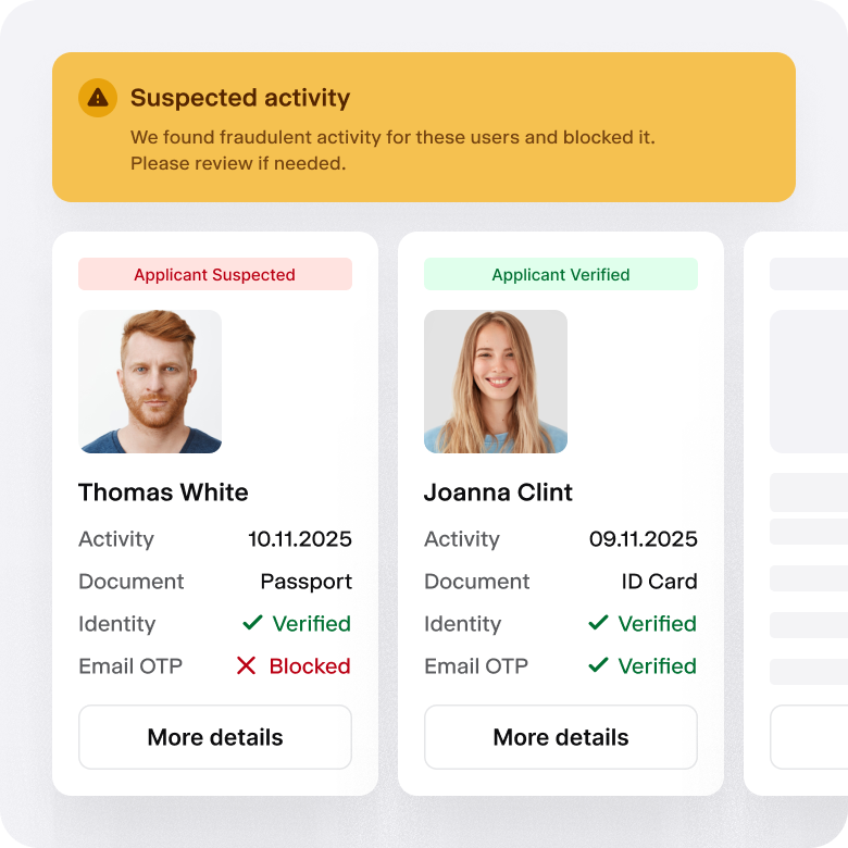 Example of two verifications: one with identity and email OTP verified, and one with email OTP blocked for suspected fraud.